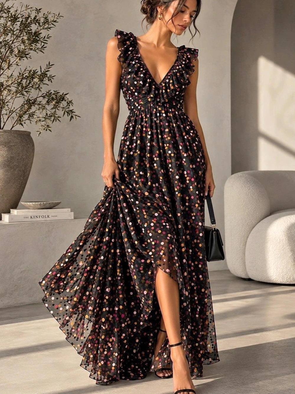 Maeve Anthropologie Womens 16 Black Polka Dot Tulle Maxi Dress Gown NWT
